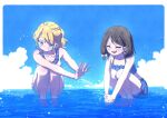  2girls alternate_costume bikini blonde_hair blue_eyes brown_hair clear_sky closed_eyes clouds frilled_bikini frills highres maribel_hearn multiple_girls nama_udon no_headwear sky smile squatting summer swimsuit touhou usami_renko water 