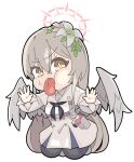  1girl against_fourth_wall bangs black_pantyhose blue_archive brown_eyes capelet chibi commentary_request dress feathered_wings flower full_body grey_flower grey_hair grey_wings hair_between_eyes hair_flower hair_ornament halo highres long_hair long_sleeves nagisa_(blue_archive) nyaru_(nyaru_4126) pantyhose puffy_long_sleeves puffy_sleeves simple_background solo sweat tongue tongue_out v-shaped_eyebrows very_long_hair white_background white_capelet white_dress wings 