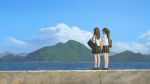  2girls black_skirt blue_sky brown_footwear brown_hair chinese_commentary clouds commentary_request day from_behind highres holding_hands hua_ming_wink loafers long_hair mountain multiple_girls ocean original outdoors scenery school_uniform shirt shoes skirt sky socks standing water white_shirt white_socks wide_shot 