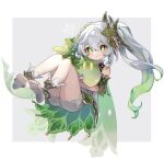  1girl absurdres cape detached_sleeves full_body genshin_impact green_cape green_hair hair_ornament highres hug kino_(m6t2a) leaf leaf_on_head looking_at_viewer multicolored_hair nahida_(genshin_impact) side_ponytail simple_background slime_(genshin_impact) smile streaked_hair symbol-shaped_pupils white_footwear white_hair 