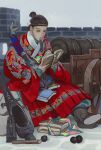  1boy absurdres beard book boots brown_footwear cannon cannonballs chinese_clothes crossed_legs facial_hair highres holding holding_book long_beard long_sleeves male_focus mossacannibalis original sitting solo 