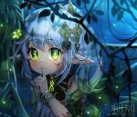  1girl absurdres bangs blurry blurry_background cross-shaped_pupils detached_sleeves dress english_commentary female_child finger_to_mouth fireflies genshin_impact gradient_hair green_eyes green_hair hair_ornament highres leaf_hair_ornament long_hair looking_at_viewer muenoart multicolored_hair nahida_(genshin_impact) night pointy_ears shushing solo white_dress white_hair 