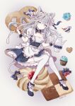  1girl animal_ears apron bangs blue_eyes cat_ears cat_girl cat_tail cookie cupcake detached_collar food frills grey_hair long_hair maid maid_apron maid_headdress mary_janes myaco9 original shoes solo tail teapot thigh-highs waist_apron wrist_cuffs 