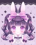  1girl animal_ears bangs black_hair blunt_bangs blush bow closed_mouth hair_bow heart heart-shaped_pupils heart_background highres himetsuki_luna looking_at_viewer original pink_bow pink_shirt puffy_short_sleeves puffy_sleeves rabbit_ears shirt short_sleeves signature smile solo sparkle symbol-shaped_pupils twintails twitter_username upper_body violet_eyes wrist_cuffs 