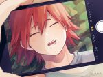  1boy adcalcium boku_no_hero_academia close-up closed_eyes commentary_request hair_between_eyes highres holding holding_phone kirishima_eijirou male_focus open_mouth phone redhead shirt short_hair signature sleeping solo spiky_hair taking_picture white_shirt 