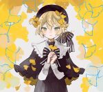  androgynous bangs beret blonde_hair blush capelet commentary falling_leaves ginkgo ginkgo_leaf hat leaf long_sleeves looking_at_viewer myaco9 original parted_lips sailor_collar short_hair solo 