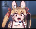  1girl animal_costume animal_ear_fluff animal_ears bow bowtie brown_eyes brown_hair cat_ears cat_girl kemono_friends kemono_friends_v_project large-spotted_genet_(kemono_friends) long_hair looking_at_viewer microphone open_mouth parody ribbon saja_(166j357) shirt simple_background solo twintails virtual_youtuber 