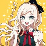  1girl :d artist_name bangs black_bow blonde_hair blush bow bowtie bracelet braid clenched_hands danganronpa_(series) danganronpa_2:_goodbye_despair dress gem green_dress green_eyes hair_bow hands_up jewelry long_hair looking_at_viewer mikao_(eanv5385) open_mouth orange_background puffy_short_sleeves puffy_sleeves red_bow red_bowtie short_sleeves simple_background smile solo sonia_nevermind teeth translation_request upper_body upper_teeth 