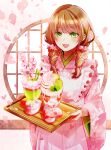  1girl :d absurdres apron bangs braid branch brown_hair cherry_blossoms coaster cowboy_shot falling_petals floral_print flower food green_eyes hair_flower hair_ornament highres holding holding_tray ice_cream japanese_clothes kimono lattice long_hair looking_at_viewer maid_apron matcha_(food) original parfait petals pink_apron pink_kimono pocky round_window smile solo tray twin_braids tyatorabo window wooden_tray 