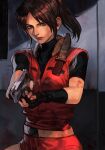  1girl belt bike_shorts blue_eyes breasts brown_hair claire_redfield denim fingerless_gloves gloves gun handgun hankuri jacket long_hair looking_at_viewer ponytail red_jacket resident_evil resident_evil_2 short_shorts shorts sleeveless sleeveless_jacket solo weapon 