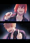  2boys adcalcium bakugou_katsuki black_background black_shirt blonde_hair boku_no_hero_academia collared_shirt commentary_request highres holding_necktie jewelry kirishima_eijirou long_sleeves looking_at_viewer male_focus middle_finger multiple_boys necklace open_clothes open_mouth open_shirt red_eyes redhead sharp_teeth shirt short_hair signature spiky_hair teeth tongue tongue_out undone_necktie 