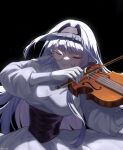  1girl 3di_project bangs black_background blunt_bangs closed_mouth dress gloves glowing highres instrument light_purple_hair long_hair long_sleeves maichle_(mai_chle30) marcheline music playing_instrument puffy_long_sleeves puffy_sleeves solo violin virtual_youtuber white_dress 