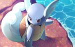  claws commentary_request day fangs looking_to_the_side naoki_eguchi no_humans outdoors pokemon pokemon_(creature) solo standing violet_eyes wartortle water 