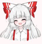  1girl :d bangs blunt_bangs bow closed_eyes collarbone facing_viewer fujiwara_no_mokou hair_bow highres koharu66353343 long_hair open_mouth red_bow simple_background smile solo suspenders touhou upper_body white_background white_bow white_hair 