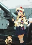  2girls annin_musou bangs belt beret black_dress blonde_hair blue_eyes blue_hair buttons commandant_teste_(kancolle) double-breasted dress fairy_(kancolle) ground_vehicle hat highres kantai_collection kneehighs long_hair long_sleeves military military_vehicle motor_vehicle multicolored_clothes multicolored_hair multicolored_scarf multiple_girls open_mouth plaid plaid_scarf pom_pom_(clothes) ponytail redhead scarf socks streaked_hair swept_bangs wavy_hair white_hair 