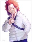  1boy adcalcium alternate_costume boku_no_hero_academia coat commentary_request cowboy_shot grin hand_in_pocket highres kirishima_eijirou long_sleeves looking_at_viewer male_focus red_eyes redhead sharp_teeth short_hair signature simple_background smile solo spiky_hair standing teeth v white_background white_coat 