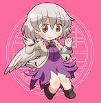  1girl black_footwear blush closed_mouth dress feathered_wings full_body grey_hair grey_jacket hair_between_eyes jacket kishin_sagume long_sleeves open_clothes open_jacket purple_dress red_eyes rokugou_daisuke shoes short_hair signature single_wing smile solo touhou white_wings wings 