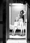  2girls bag crocs door greyscale highres keyyan kimi_to_shiranai_natsu_ni_naru light long_hair medium_hair megumi_hinoto monochrome multiple_girls nishimiya_haru plastic_bag shadow shirt shorts sitting standing stretching t-shirt tree 