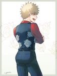  1boy adcalcium ass bakugou_katsuki black_pants black_vest blonde_hair boku_no_hero_academia commentary_request crossed_arms floral_print from_behind highres long_sleeves looking_at_viewer looking_back male_focus official_alternate_costume open_mouth pants print_vest red_eyes red_shirt rose_print shirt short_hair signature simple_background smile solo spiky_hair standing vest white_background 