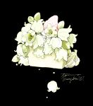  black_background cake flower food food_focus fruit highres lily_of_the_valley original simple_background still_life strawberry tomma_mayuka white_flower white_strawberry 