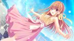  1girl :d bangs bare_arms blue_sky blush braid brown_hair crown_braid da_capo_iv day dutch_angle floating_hair game_cg hair_between_eyes hair_ribbon jewelry long_hair long_skirt necklace non-web_source open_mouth oumi_sorane outdoors outstretched_arms pink_skirt pleated_skirt red_eyes ribbon shiny shiny_hair shirt skirt sky sleeveless sleeveless_shirt smile solo standing sunlight very_long_hair yellow_ribbon yellow_shirt 