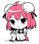  1girl ahoge bandaged_arm bandages blush chibi double_bun flower full_body hair_between_eyes hair_bun ibaraki_kasen kapuchii open_mouth pink_eyes pink_hair rose seed short_hair short_sleeves simple_background skirt solo tabard touhou white_background 