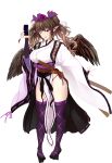  1girl absurdres bangs bow breasts brown_eyes brown_hair detached_sleeves feathered_wings geta hair_bow hat highres himekaidou_hatate kourindou_tengu_costume loincloth long_hair medium_breasts pom_pom_(clothes) puffy_short_sleeves puffy_sleeves purple_bow purple_footwear sash short_sleeves sidelocks simple_background solo tengu-geta thigh-highs tk31 tokin_hat touhou white_background wings 