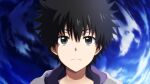  1boy bangs black_hair blue_background brown_eyes closed_mouth commentary english_commentary highres hood hoodie kamijou_touma looking_at_viewer male_focus purple_hood serious short_hair solo spiky_hair split_mouth straight-on toaru_majutsu_no_index upper_body user_erpr3844 white_hoodie 