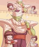  1girl 2boys black_eyes black_hair cape child coffee coffee_cup coffee_mug colored_skin commentary_request cup disposable_cup dragon_ball dragon_ball_super dragon_ball_super_super_hero drink english_text father_and_daughter female_child green_skin highres holding koukyouji mug multiple_boys open_mouth pan_(dragon_ball) piccolo pointy_ears shirt short_hair son_gohan spiky_hair steam tongue tongue_out turban 