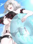  1girl :d ahoge armband bikini bow breasts clouds earrings fate/grand_order fate_(series) frills from_below highres jeanne_d&#039;arc_alter_(fate) jeanne_d&#039;arc_alter_(swimsuit_berserker)_(fate) jewelry looking_at_viewer looking_down navel pale_skin ri_o_ne_su skindentation sky smile solo swimsuit thigh_strap under_boob white_hair yellow_eyes 