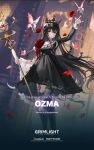  1girl asymmetrical_sleeves bangs black_dress black_eyes black_hair boots crown dress english_commentary fairy flower frilled_dress frills grimlight highres long_hair long_sleeves official_art ozma_(grimlight) petals red_flower solo staff thigh_boots very_long_hair wide_sleeves 