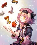  1girl animal_ears arknights bangs black_bracelet black_hairband blue_bow bow braid cat_ears cat_girl coat floppy_ears gameplay_mechanics goldenglow_(arknights) hair_bow hairband highres infection_monitor_(arknights) lightning_bolt_print long_hair long_sleeves open_mouth pink_coat pink_hair print_hairband samita side_braid solo two-tone_coat upper_body yellow_eyes 