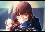  1girl 1other baby blurry blurry_background book_hair_ornament braid brown_eyes brown_hair crying crying_with_eyes_open death_stranding glasses hair_ornament hair_over_shoulder hairclip highres holding_baby jacket looking_at_viewer portrait round_eyewear tears u_kyoumaru upper_body virtual_youtuber yomiyama_fumino 