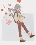  ! 1girl ahoge apple arrow_(symbol) backpack bag balloon blue_eyes blue_hair border brown_footwear closed_mouth egg_(food) egg_carton food fruit grey_background grey_border hand_in_pocket highres holding holding_balloon long_hair onion original paradis47 shoes sleeves_past_wrists sneakers solo spring_onion 
