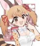  1girl aina_sk1221 blush bow bowtie brown_eyes center_frills commentary_request frilled_sleeves frilled_straps frills genet_ears genet_girl genet_print genet_tail hair_bow highres kemono_friends kemono_friends_v_project large-spotted_genet_(kemono_friends) looking_at_viewer print_sleeves red_bow shirt short_twintails solo twintails upper_body white_bow white_bowtie white_shirt 