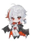  1boy alternate_costume bangs black_footwear black_wings blush cape chibi closed_mouth cup full_body genshin_impact hair_between_eyes highres holding holding_cup kaedehara_kazuha long_sleeves looking_at_viewer low_wings male_focus multicolored_hair persimmon_(lsxh3) pointy_ears ponytail red_eyes redhead short_ponytail simple_background socks solo streaked_hair vampire white_background white_socks wings 