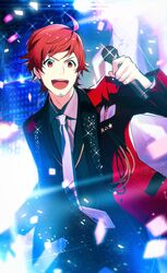  1boy ahoge black_jacket black_pants btmr_game confetti facial_hair goatee grey_shirt highres holding holding_microphone idolmaster idolmaster_side-m jacket long_sleeves male_focus microphone necktie open_mouth pants red_eyes redhead shirt signature solo sparkle stage stage_lights star_(symbol) teeth tendo_teru upper_teeth 