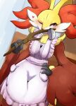  1girl animal_ear_fluff animal_hands animal_nose apron bad_id bad_pixiv_id blush breasts bright_pupils commentary cowboy_shot delphox frilled_apron frills furry furry_female hand_on_hip hand_up heart highres holding holding_ladle holding_stick indoors ladle looking_to_the_side multicolored_fur one_eye_closed pocket pokemon pokemon_(creature) ragujuka red_eyes red_fur small_breasts snout solo standing stick white_apron white_fur white_pupils yellow_fur 