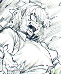  1girl bow cirno greyscale hair_bow highres monochrome open_mouth short_hair short_sleeves solo spacezin speed_lines teeth tongue touhou upper_body 