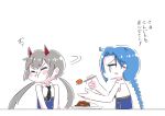  2girls :i =_= ahoge anger_vein angry assault_lily bangs bare_arms bare_shoulders black_necktie blank_eyes blue_hair blue_shirt blush_stickers braid braided_ponytail buttons closed_eyes closed_mouth collared_shirt curry curry_rice feeding food fujita_asagao grey_hair highres holding holding_spoon horns igusa_subaru long_hair looking_at_another low_ponytail low_twintails motion_lines multiple_girls necktie no_mouth parted_bangs plate pout profile red_horns rice school_uniform shirt simple_background single_braid sleeveless sleeveless_shirt spoon table teisuu turning_head twintails two-tone_shirt upper_body v-shaped_eyebrows v_arms white_background white_shirt 