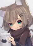  1girl absurdres animal_ear_fluff animal_ears bangs black_shirt blush brown_hair brown_scarf closed_mouth cup fox_ears fox_girl fox_tail green_eyes grey_background hair_between_eyes hair_ornament hairclip hands_up highres hinata_(user_rjkt4745) holding holding_cup long_sleeves looking_at_viewer mug original scarf shirt simple_background smile solo steam tail 