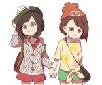  2girls backpack bag beanie brown_bag brown_eyes brown_hair buttons cable_knit cardigan closed_mouth collared_dress commentary cosplay costume_switch dress floral_print gloria_(pokemon) green_headwear green_shorts grey_cardigan hat holding_hands hooded_cardigan multiple_girls pink_dress pokemon pokemon_(game) pokemon_sm pokemon_swsh selene_(pokemon) shirt short_hair short_shorts short_sleeves shorts shoulder_bag simple_background smile ssalbulre t-shirt tam_o&#039;_shanter tied_shirt white_background 