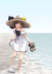  1girl barefoot beach blue_sky brown_eyes brown_hair clouds day dress full_body hat highres kantai_collection official_alternate_costume open_mouth outdoors round_teeth sandals sandals_removed short_hair sky solo straw_hat sun_hat teeth upper_teeth watanore white_dress yukikaze_(kancolle) 