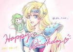  1girl armlet armor bangs blonde_hair blue_eyes chameleon_june character_doll collarbone dated gradient gradient_background happy_birthday kurumada_masami_(style) long_hair looking_at_viewer open_mouth saint_seiya shoulder_armor solo sonosaki888 spiked_armlet 