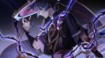  1boy absurdres armor bishounen genshin_impact hat highres japanese_armor japanese_clothes jingasa kote kurokote looking_at_viewer lyncuu male_focus pale_skin purple_hair scaramouche_(genshin_impact) solo veil violet_eyes 