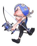  1girl black_pants black_socks blue_hair bow_(weapon) closed_mouth crossed_legs earrings full_body hachimaki hair_over_one_eye headband holding holding_bow_(weapon) holding_weapon jewelry long_hair mona_(monaka) multiple_earrings nejiri_hachimaki octarian pants poncho red_eyes shiver_(splatoon) simple_background sitting smile socks solo splatoon_(series) splatoon_3 suction_cups tabi tentacle_hair tri-stringer_(splatoon) weapon white_background 