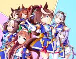  6+girls :d animal_ears arm_on_head bangs blue_eyes blue_jacket breasts brown_eyes brown_hair brown_headwear closed_mouth commentary_request cropped_jacket daiwa_scarlet_(umamusume) ear_covers gloves gold_ship_(umamusume) grey_hair grin hair_between_eyes hair_intakes hair_over_one_eye hat highres horse_ears horse_girl horse_tail jacket kuena long_hair mejiro_mcqueen_(umamusume) mini_hat multicolored_hair multiple_girls open_clothes open_jacket outstretched_arm pleated_skirt pointing pointing_at_viewer ponytail puffy_short_sleeves puffy_sleeves purple_hair shirt short_sleeves silence_suzuka_(umamusume) skirt small_breasts smile special_week_(umamusume) streaked_hair tail thigh-highs tiara tokai_teio_(umamusume) twintails umamusume very_long_hair violet_eyes vodka_(umamusume) white_gloves white_hair white_shirt white_skirt white_thighhighs 