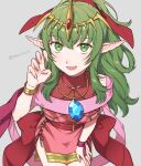  1girl :d bare_shoulders bridal_gauntlets dragonstone dress fire_emblem fire_emblem:_mystery_of_the_emblem fire_emblem_awakening fire_emblem_heroes foreshortening green_eyes green_hair grey_background hair_ornament highres jewelry long_hair looking_at_viewer necklace official_alternate_costume peach11_01 pink_dress pointy_ears ponytail short_dress side_slit sleeveless sleeveless_dress smile solo stone tiara tiki_(fire_emblem) twitter_username 