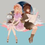  2girls alarm_clock argon_(caocaocaocaocao) black_capelet black_footwear black_headwear black_skirt blonde_hair book bow brown_eyes brown_hair capelet chinese_commentary clock closed_mouth collared_dress commentary_request dress frilled_dress frills full_body globe grey_socks hair_bow hat hat_bow high_heels highres holding holding_book holding_newspaper knees_together_feet_apart looking_at_viewer maribel_hearn mary_janes medium_hair mob_cap multiple_girls neck_ribbon newspaper paper_stack parted_lips puffy_short_sleeves puffy_sleeves purple_dress red_bow red_ribbon ribbon shirt shoes short_sleeves single_sidelock skirt smile socks touhou usami_renko white_bow white_headwear white_shirt yellow_eyes 