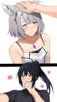  1boy 1girl absurdres animal_ears bangs black_hair blue_eyes blush camisole cat_ears cat_girl chest_jewel closed_eyes hair_tie hand_on_another&#039;s_head headpat highres jacket kamu_(kamuuei) long_hair mio_(xenoblade) noah_(xenoblade) petting ponytail shirt short_hair shoulder_strap smile solo tank_top white_camisole white_hair white_tank_top xenoblade_chronicles_(series) xenoblade_chronicles_3 